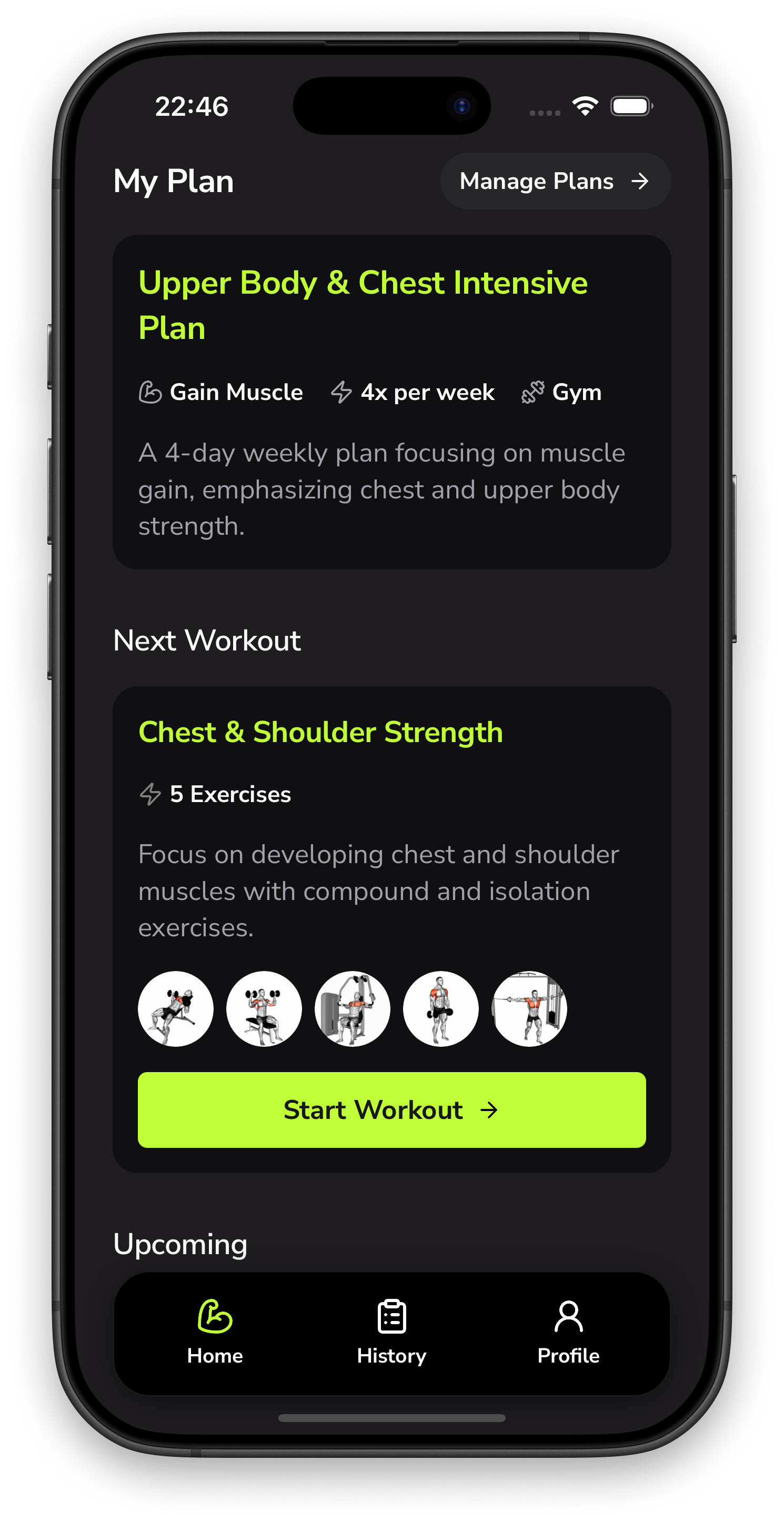 Fitme workout home screen on iPhone